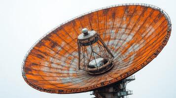 A large, rusted satellite dish looms in the fog, revealing its intricate structure photo