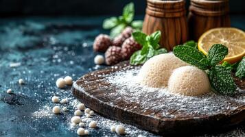 Soft curds dusted with powder sit beside lemon slices and fresh mint in a cozy setting photo