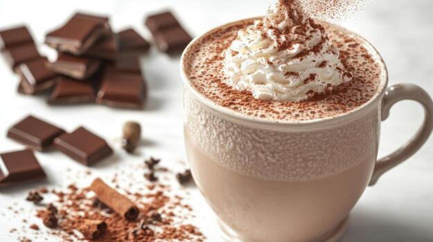 Decadent hot chocolate topped with whipped cream and chocolate shavings in a cozy atmosphere photo
