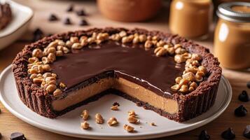 Decadent chocolate caramel tart garnished with crunchy nuts at a rustic kitchen setting photo