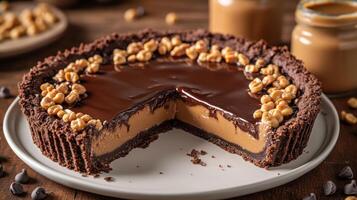 Delicious dessert features layers of chocolate and caramel in a rustic kitchen setting photo