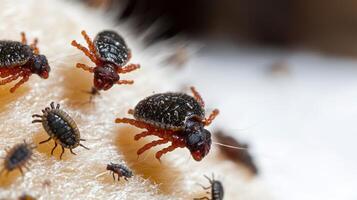 Tiny creatures exploring a textured surface under soft lighting in a close-up view photo