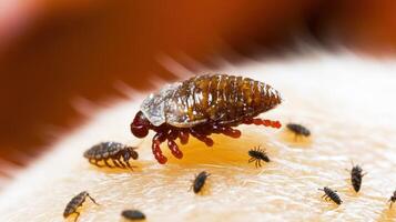 Close-up of fleas on a pet's skin, showcasing intricate details of their physical features photo