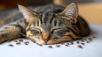 Cat peacefully resting among a cluster of tiny bugs in a cozy indoor setting photo