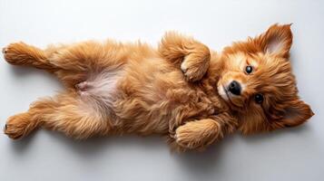 Playful pomeranian puppy sprawls on a soft surface, exuding warmth and charm photo