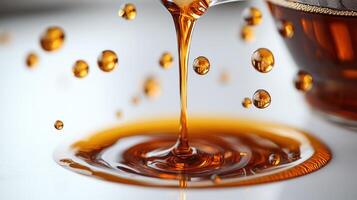 Golden syrup drips gracefully from a spoon into a shimmering pool on a table photo