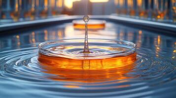 Captivating water drop creating ripples on a sunset-hued surface photo