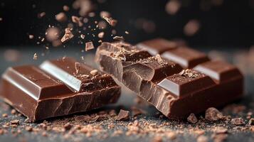 Chocolate squares breaking apart amidst a flurry of cocoa flakes in a rich, dark setting photo