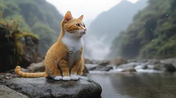 Cat enjoying a serene moment by a tranquil river surrounded by misty mountains photo