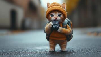 Adventurous kitten ready to explore the world with a camera in a cozy sweater photo