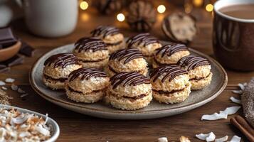 Delightful coconut macaroons with chocolate drizzle on a rustic wooden table photo