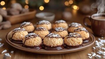 Delightful coconut macaroons with chocolate drizzle and warm cocoa in a cozy setting photo