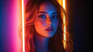 Striking portrait of a woman illuminated by vibrant neon lights in a dark setting photo