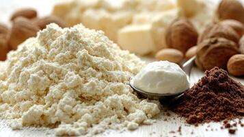 Flour, cocoa powder, and butter arranged on a rustic wooden table for baking delights photo
