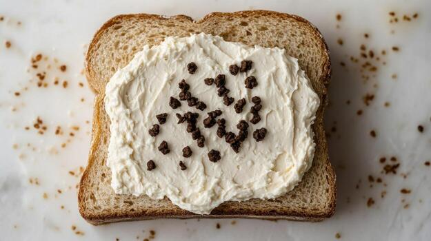 Creamy spread atop whole grain slice with a sprinkle of cocoa nibs for a unique flavor twist photo
