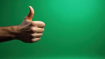 Positive gesture of approval with a hand raised against a vibrant green background photo