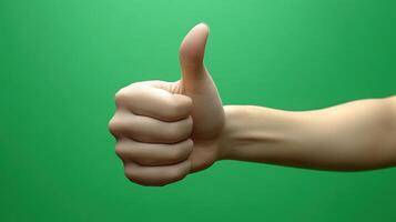 Symbol of approval with a thumbs up against a solid green backdrop photo