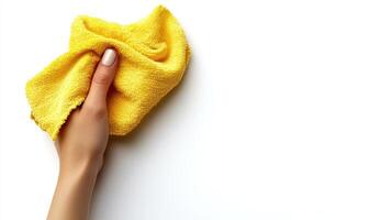 Hand gently wiping a smooth surface with a bright yellow cloth during spring cleaning photo