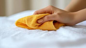 Wiping a clean surface with a cheerful yellow cloth in a cozy, well-lit room photo