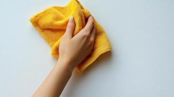 Hand cleaning a smooth surface with a vibrant yellow cloth on a bright background photo