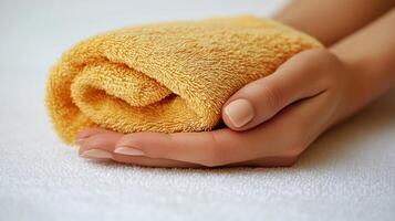 Softly rolled yellow towel held gracefully in a delicate hand at a serene spa setting photo