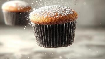 Delightful floating cupcake dusted with powdered sugar in a dreamy kitchen setting photo