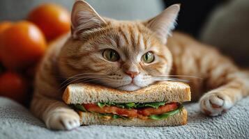 Curious cat rests on a sandwich, overlooking a fruity setting in a cozy living space photo