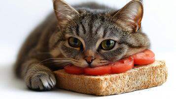 Cat lounging on a slice of bread with fresh tomato during a cozy afternoon at home photo