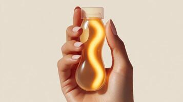 Unique liquid container held in hand, showcasing a luminous golden glow and elegant design photo