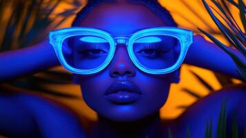 Unique portrait showcasing vibrant fashion with striking colors and bold accessories at night photo
