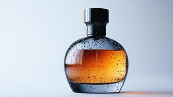 Bottle of amber perfume with an elegant design and intricate texture displayed on a soft backdrop photo
