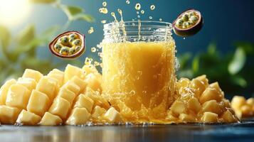 Fresh tropical juice splashes from a jar surrounded by ripe mango and passion fruit photo