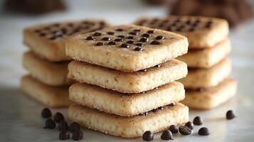 Deliciously crafted cookie squares with chocolate chips stacked invitingly on a countertop photo