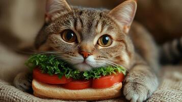 Cute cat enjoying a playful moment with a sandwich on a cozy blanket in a warm setting photo
