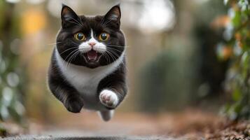 Energetic cat leaps through a vibrant pathway in autumn photo