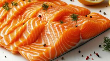 Freshly sliced salmon arranged beautifully on a white platter with herbs and spices photo
