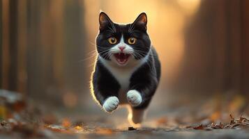 Black and white cat joyfully running through a sunlit forest path during autumn photo