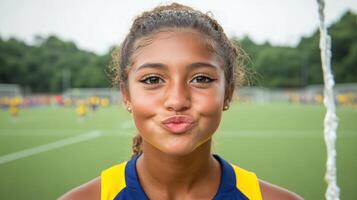 Young athlete poses with confidence on the soccer field during a summer training session photo