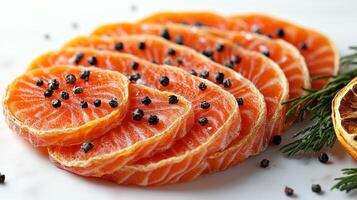 Slices of vibrant salmon garnished with spices and citrus on a white surface photo