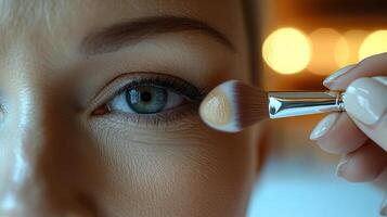 Applying makeup with precision in a soft illuminated setting during a beauty routine photo