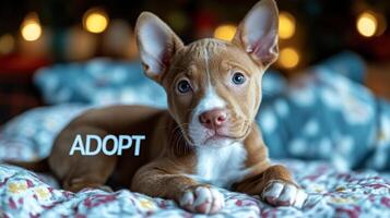 Cute puppy looking for a forever home with hopeful eyes and an inviting gaze photo