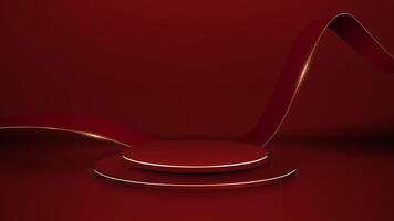 Red podium and red ribbon element. Abstract background for presentation. vector