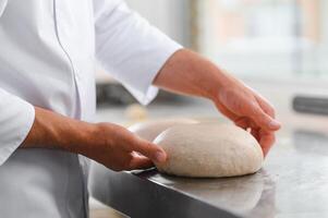 Baker kneading dough in a bakehouse or bakery photo