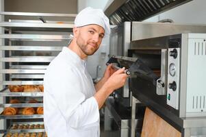 Portrait of handsome baker at the bakery with breads and oven on the background photo