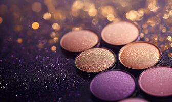 A palette of eyeshadow colors soft lavender, warm rose, deep bronze, and light gold shimmer, with a subtle gold confetti effect photo