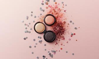 A palette of eyeshadows soft beige, coral and deep brown with confetti around the palette photo