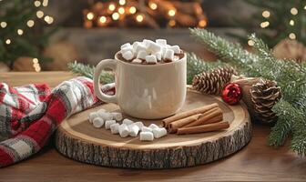 A mug of hot chocolate with marshmallows and cinnamon sticks on a wooden table photo