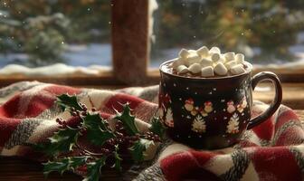 A mug of hot chocolate with marshmallows on top sits on a red and white blanket photo