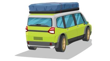 Rear side of tourist car green color. With luggage on the roof rack and flysheet to protect it from the rain. on isolate white background. vector