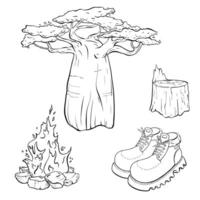 The Natural Elements include components such as Tree, Fire, Footwear, and Environment. sketch illustration. Tourism vector